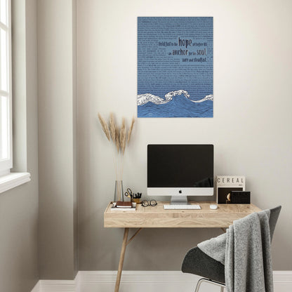 Canvas wall art with blue wave and Hebrews 6:19 displayed above a cozy home office desk