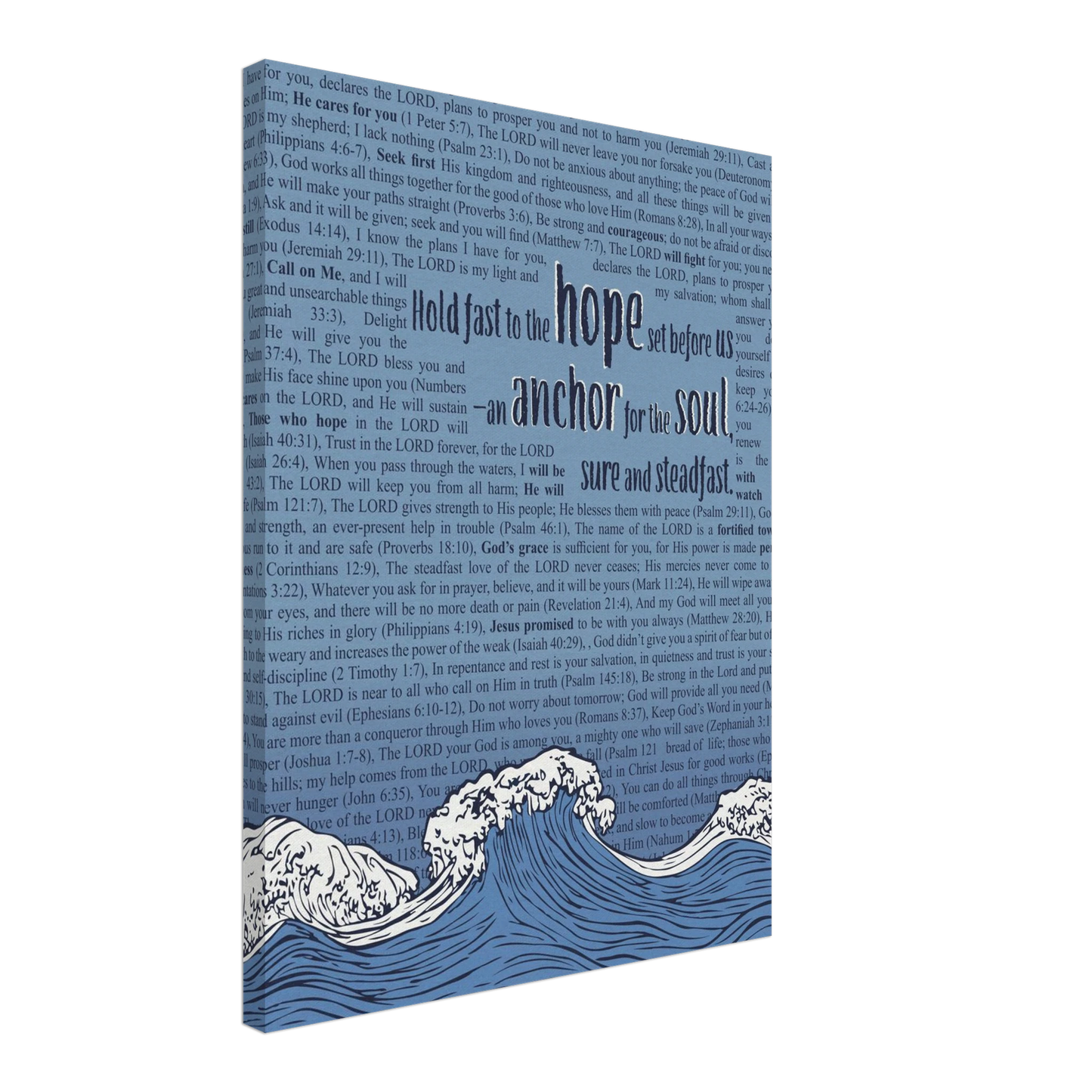 A vertical canvas wall art with a pink background featuring text from Hebrews 6:19 and an illustration of ocean waves with an anchor.