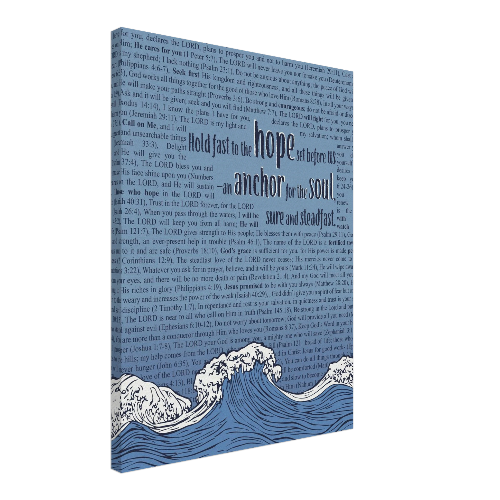 A vertical canvas wall art with a pink background featuring text from Hebrews 6:19 and an illustration of ocean waves with an anchor.