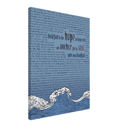 A vertical canvas wall art with a pink background featuring text from Hebrews 6:19 and an illustration of ocean waves with an anchor.