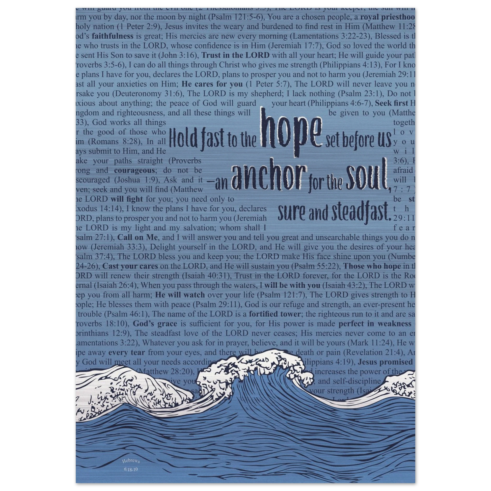A metal print with a wave and anchor design featuring Bible verses in the background, predominantly in pink and silver colors.