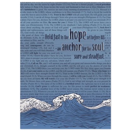 A metal print with a wave and anchor design featuring Bible verses in the background, predominantly in pink and silver colors.