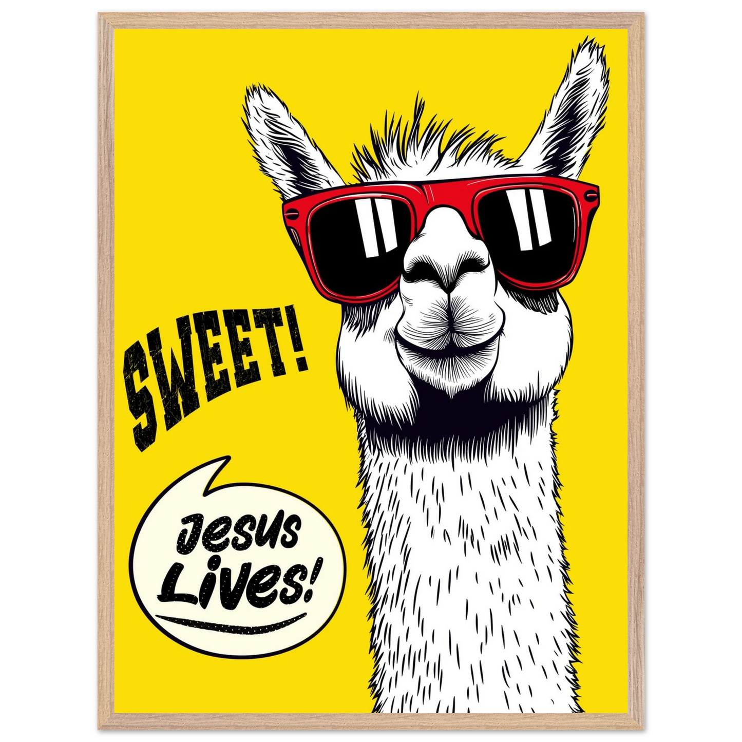 Playful Christian wall art illustration of a white llama wearing red sunglasses on a bright yellow background, with the words SWEET! and Jesus Lives in a speech bubble, framed.