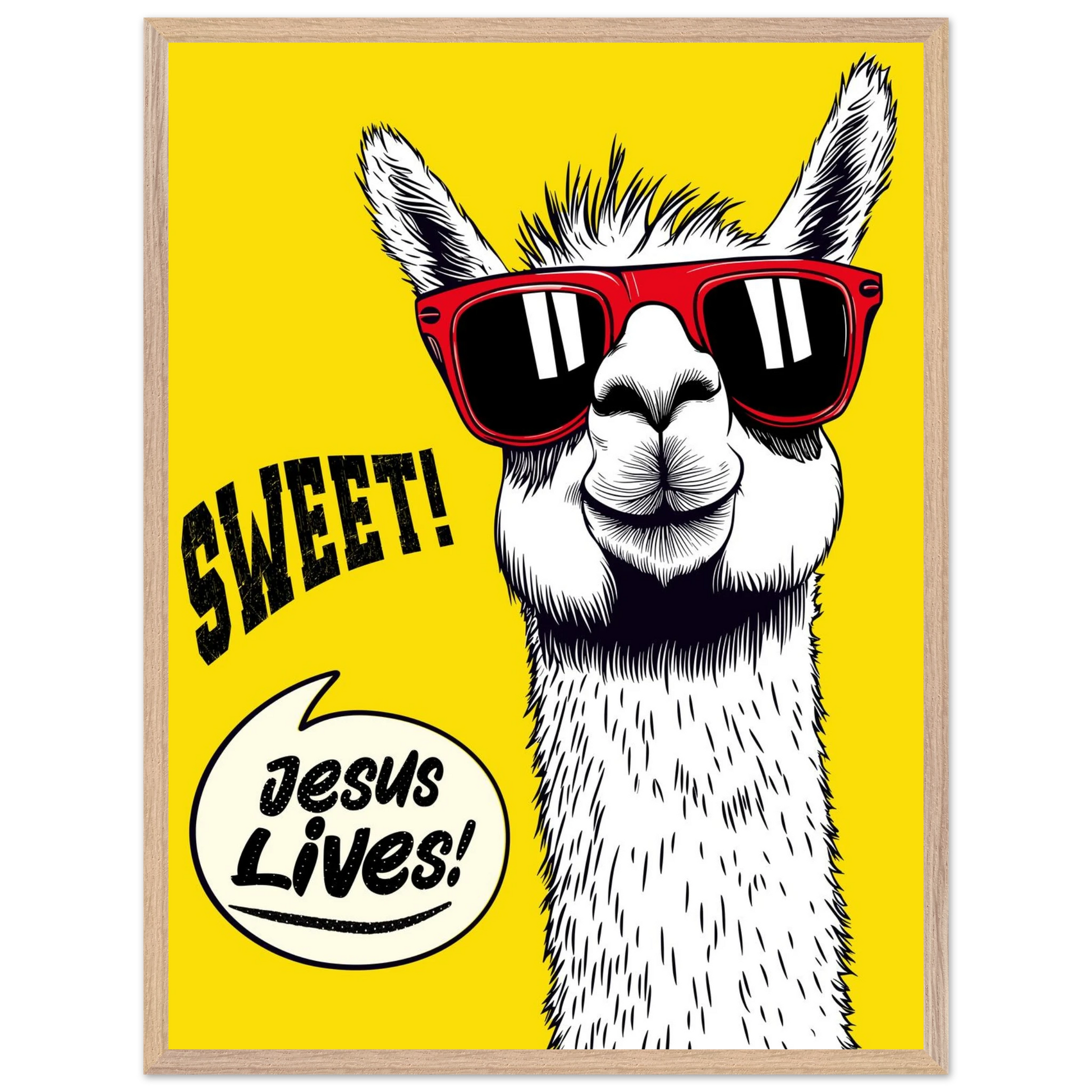 Playful Christian wall art illustration of a white llama wearing red sunglasses on a bright yellow background, with the words SWEET! and Jesus Lives in a speech bubble, framed.