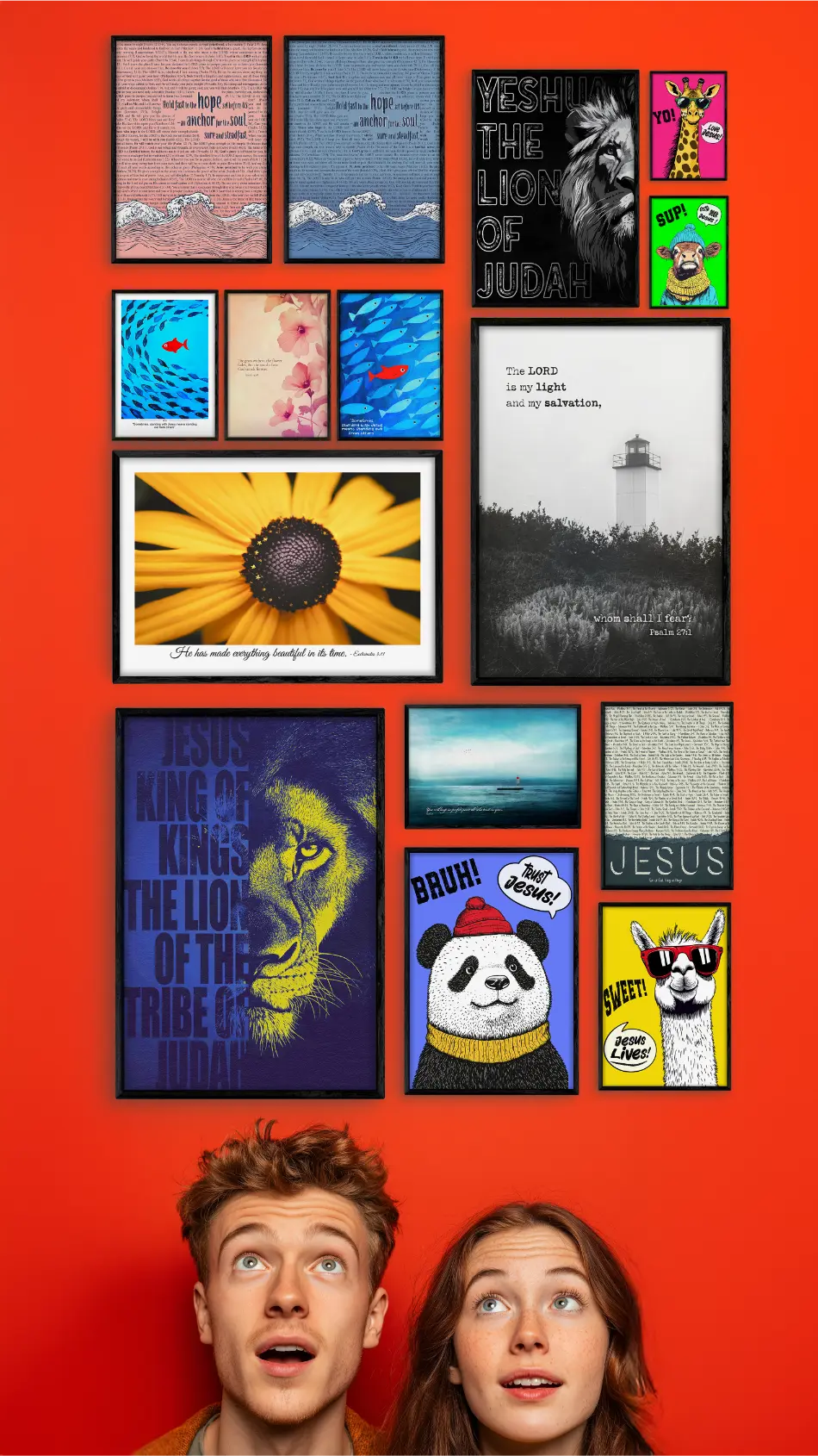 Collage of various posters on a red wall with two people in front.