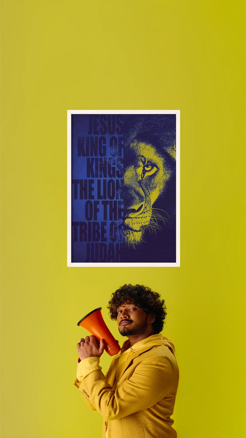 Man holding a megaphone with a lion graphic and text on a yellow background