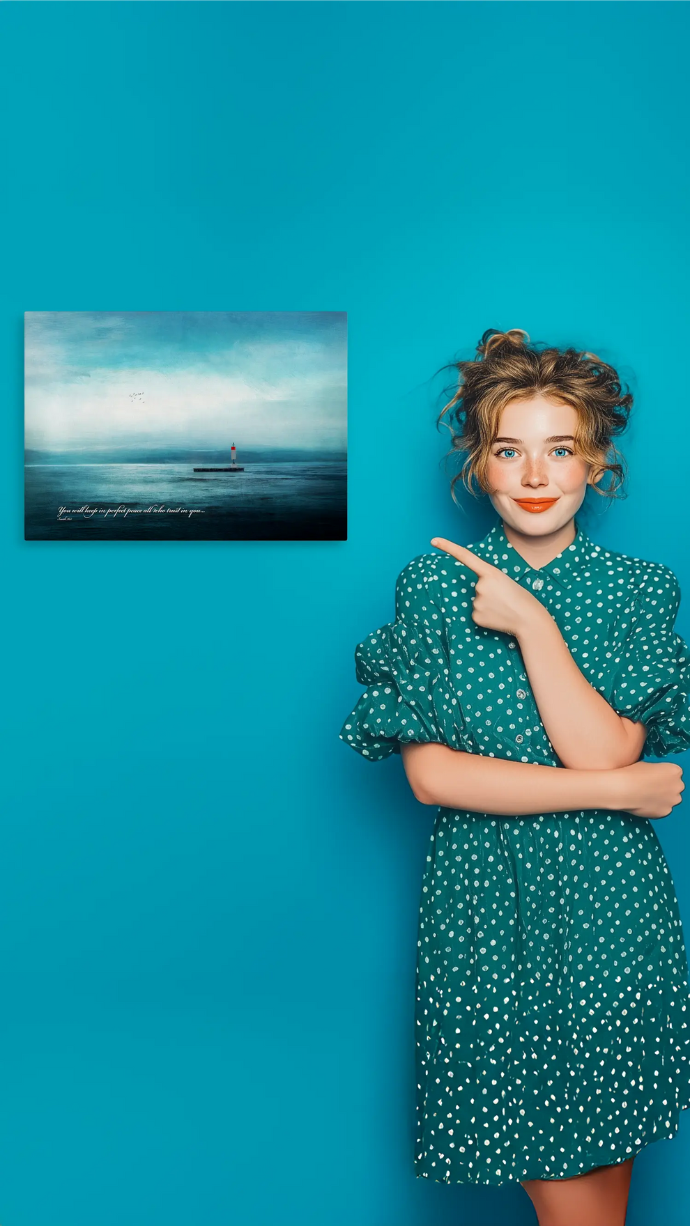 Woman in a green dress pointing at a painting of a lighthouse on a blue wall
