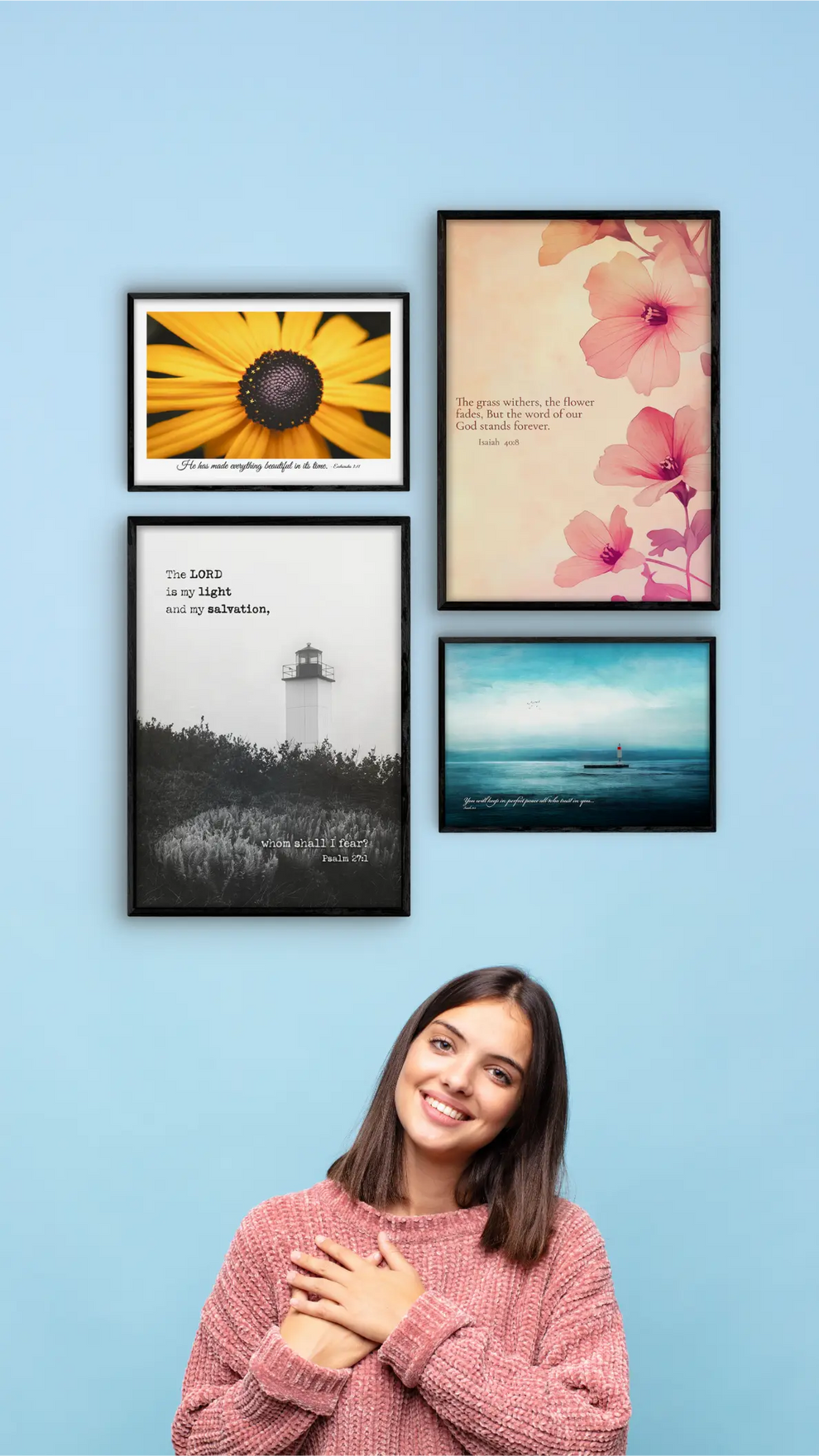 Woman standing in front of a wall with framed pictures on a blue background