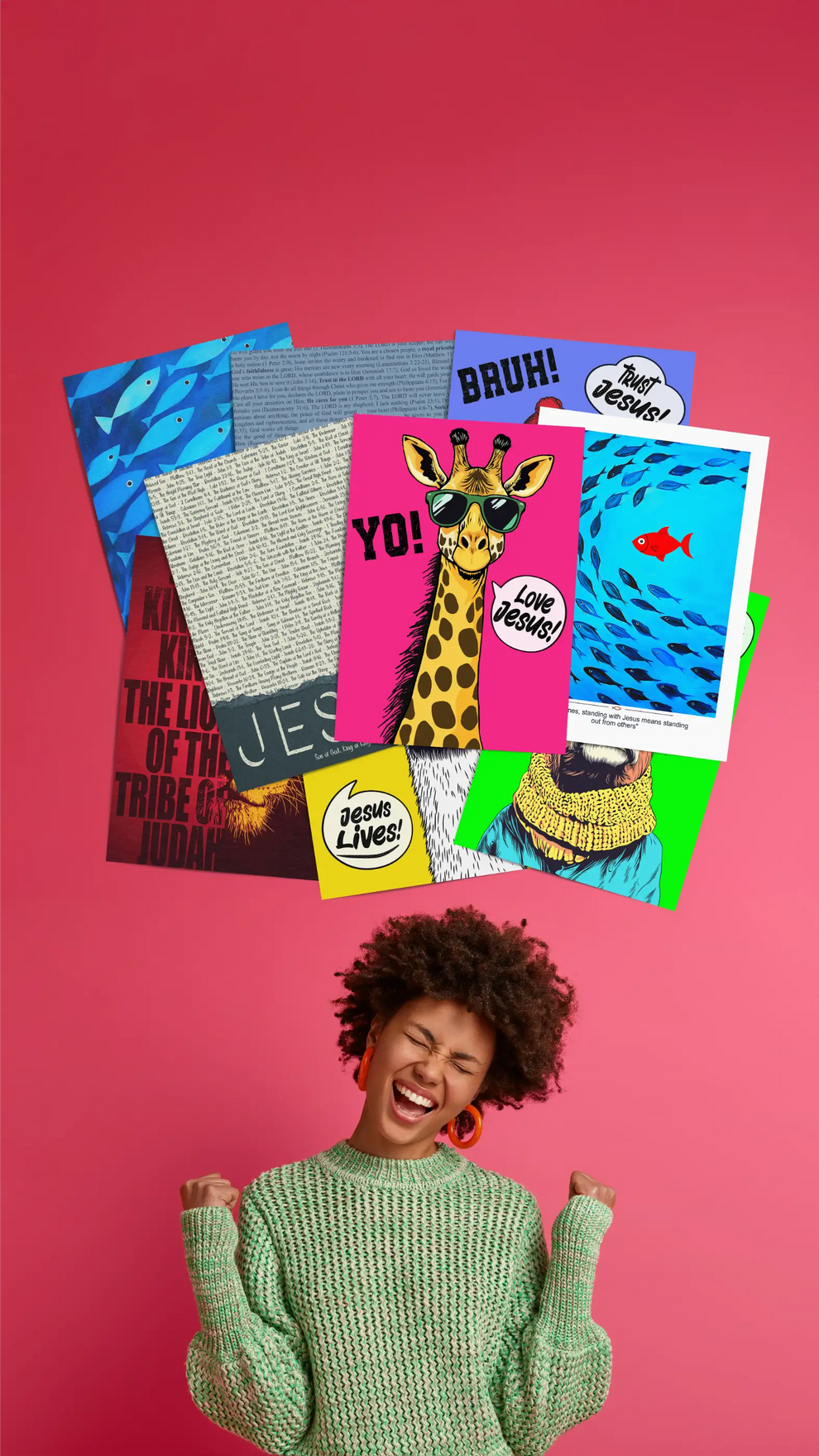 Woman in a green sweater with colorful greeting cards on a pink background