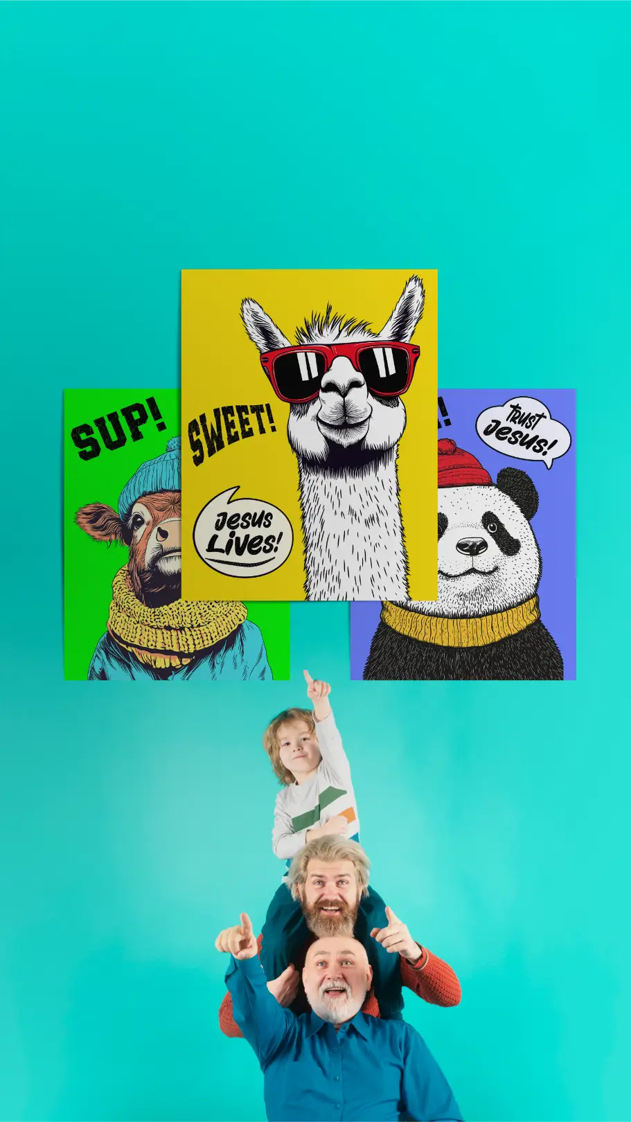 Colorful posters with animal graphics and a family on a teal background