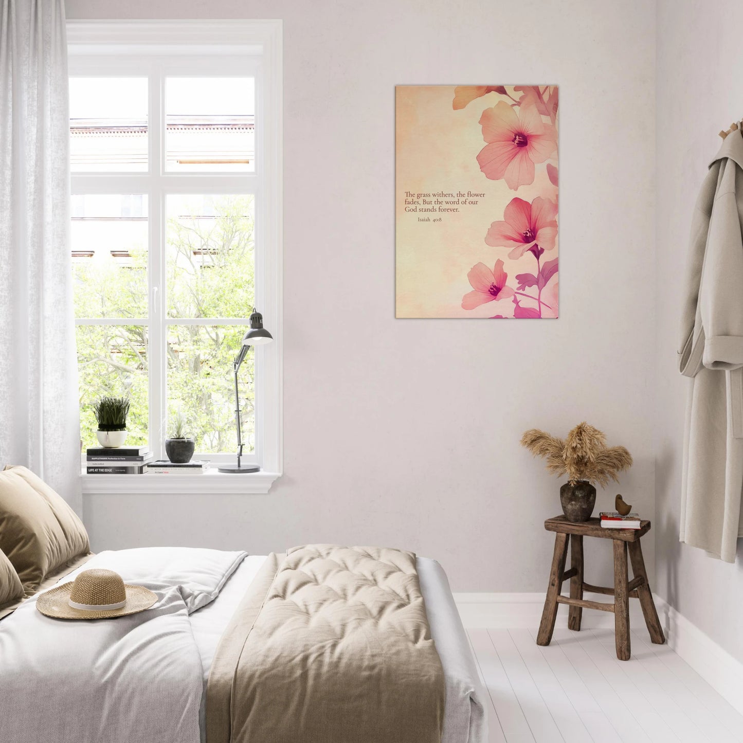 wall art print featuring floral design with pink flowers and the text of Isaiah 40:8 scripture, titled 'The Word of God Stands Forever' hanging over a modern minimalist bedroom