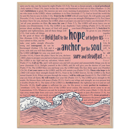 pink christian poster with bible verses in the background featuring a hand drawn wave illustration and the words hold fast to the hope set before us an anchor for the soul sure and steadfast hebrews 6 19