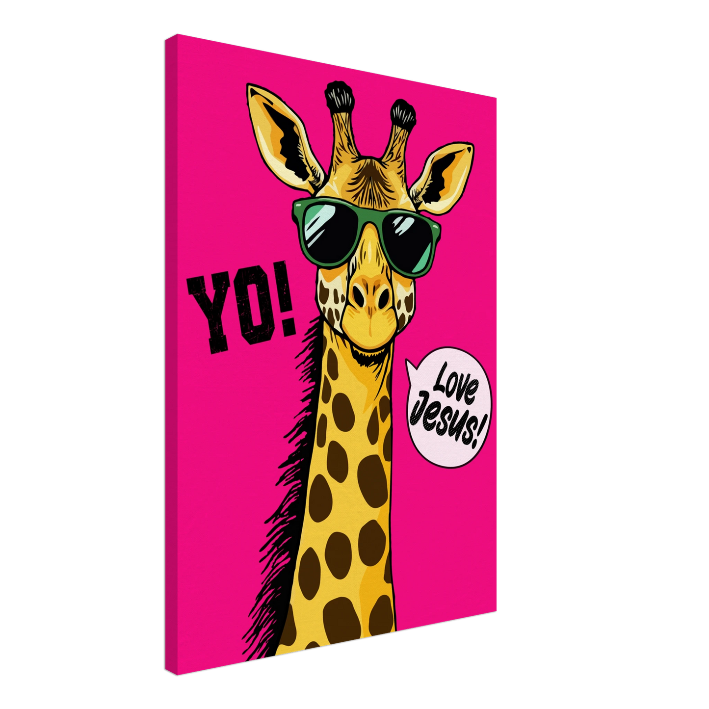 A vibrant pink canva featuring a cartoon giraffe with sunglasses and a speech bubble with the phrase 'Love Jesus!' The giraffe is the central figure against a vivid pink background.