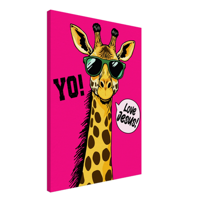 A vibrant pink canva featuring a cartoon giraffe with sunglasses and a speech bubble with the phrase 'Love Jesus!' The giraffe is the central figure against a vivid pink background.