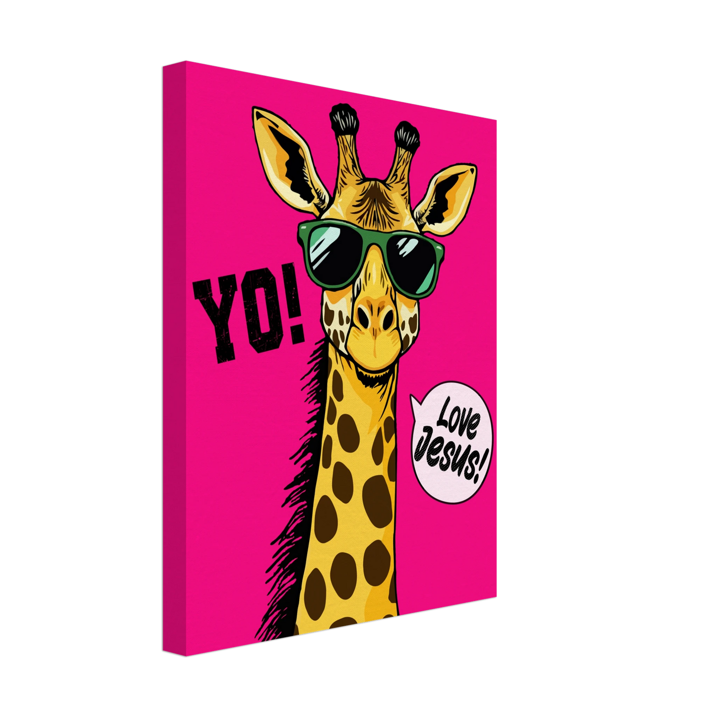 A vibrant pink canva featuring a cartoon giraffe with sunglasses and a speech bubble with the phrase 'Love Jesus!' The giraffe is the central figure against a vivid pink background.