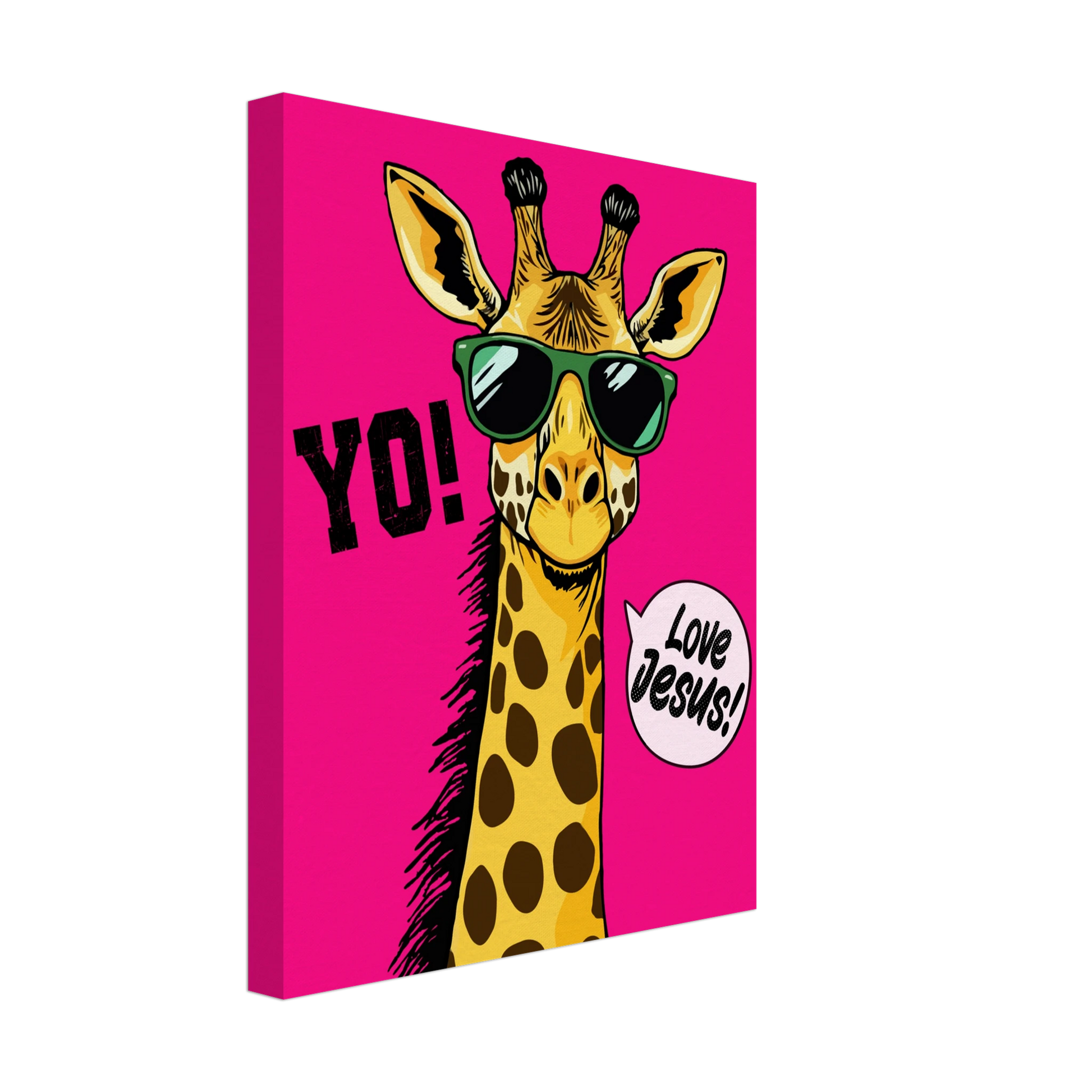 A vibrant pink canva featuring a cartoon giraffe with sunglasses and a speech bubble with the phrase 'Love Jesus!' The giraffe is the central figure against a vivid pink background.