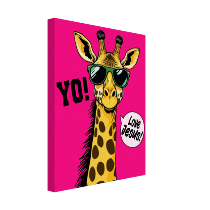 A vibrant pink canva featuring a cartoon giraffe with sunglasses and a speech bubble with the phrase 'Love Jesus!' The giraffe is the central figure against a vivid pink background.