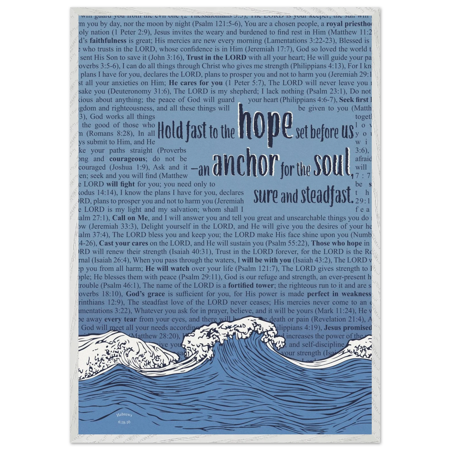 blue christian poster with bible verses in the background featuring a hand drawn wave illustration and the words hold fast to the hope set before us an anchor for the soul sure and steadfast hebrews 6 19