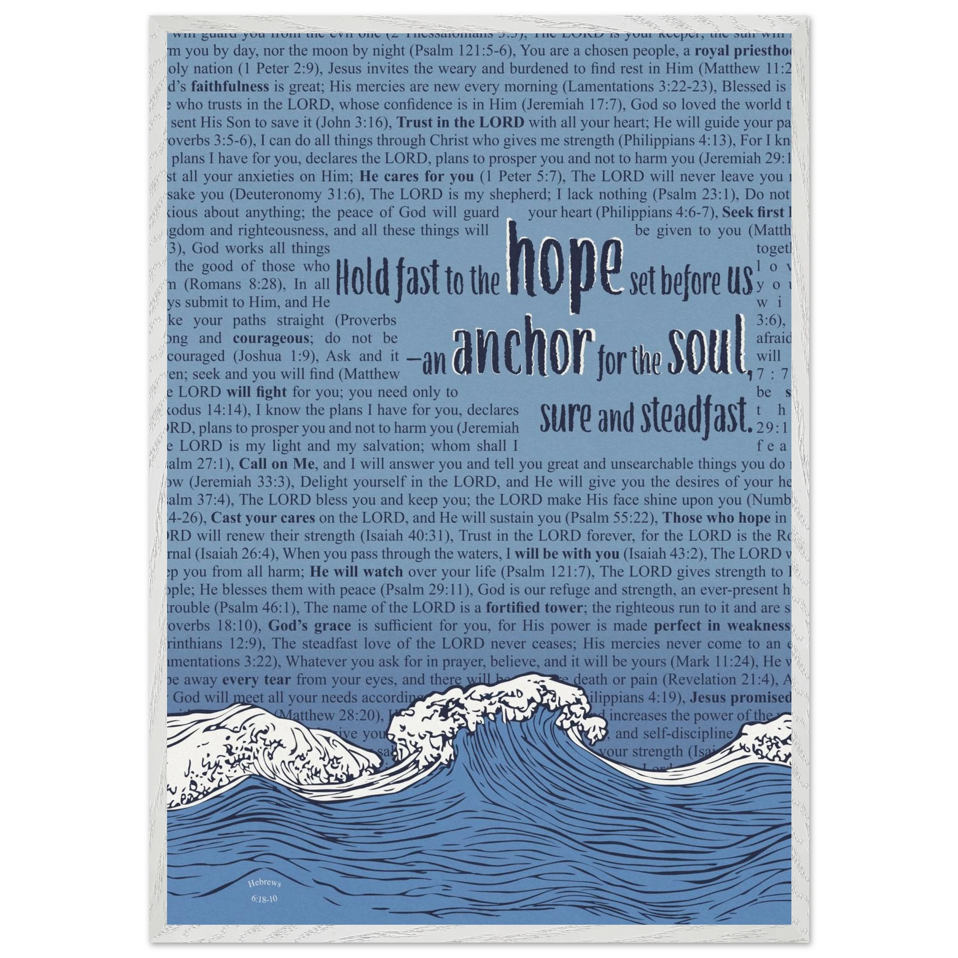 blue christian poster with bible verses in the background featuring a hand drawn wave illustration and the words hold fast to the hope set before us an anchor for the soul sure and steadfast hebrews 6 19
