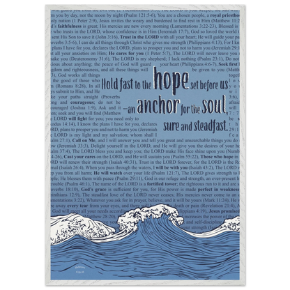 blue christian poster with bible verses in the background featuring a hand drawn wave illustration and the words hold fast to the hope set before us an anchor for the soul sure and steadfast hebrews 6 19