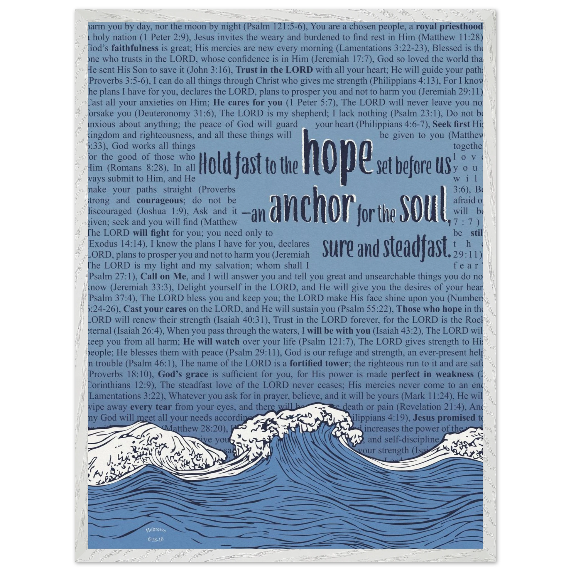blue christian poster with bible verses in the background featuring a hand drawn wave illustration and the words hold fast to the hope set before us an anchor for the soul sure and steadfast hebrews 6 19