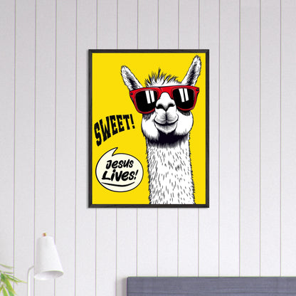 Framed Christian wall art featuring a white llama wearing red sunglasses on a bright yellow background with playful text reading SWEET and Jesus Lives, displayed in a modern bedroom setting