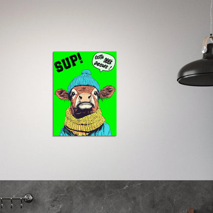 A vibrant green canvas featuring a cartoon style Highland cow with a beanie hat and a scarf, holding a sign with the text 'Gotta Seek Jesus' displayed in a bright minimalist black and white kitchen