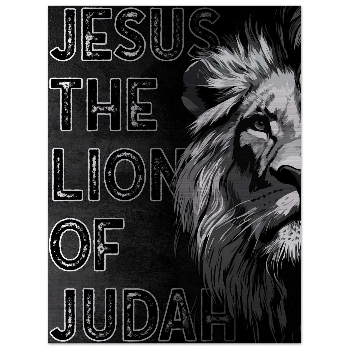 Jesus the Lion of Judah artwork featuring a bold black and white illustrated lion on the right side and distressed block lettering on a dark textured background.