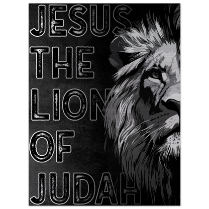 Jesus the Lion of Judah artwork featuring a bold black and white illustrated lion on the right side and distressed block lettering on a dark textured background.