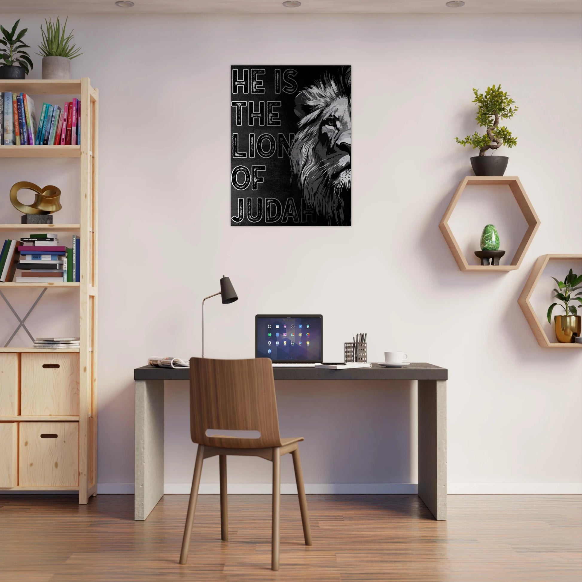 Christian Lion of Judah artwork hanging above a neatly made bed in a minimalist bedroom with neutral decor.