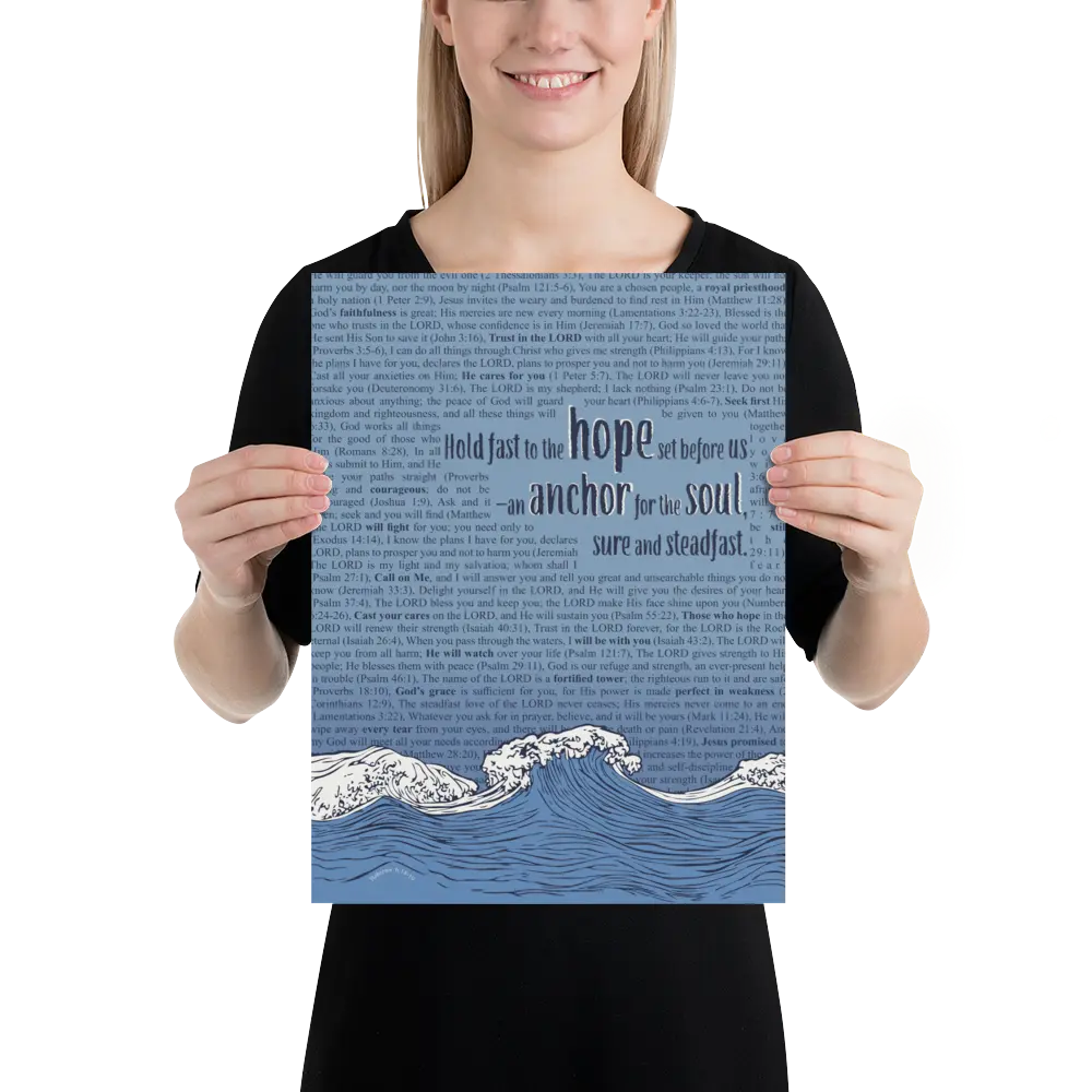 Person holding a blue poster with text and wave design
