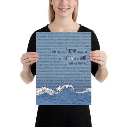 Person holding a blue poster with text and wave design