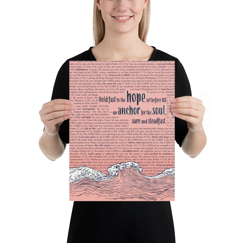 Person holding a poster with text and wave design on a white background