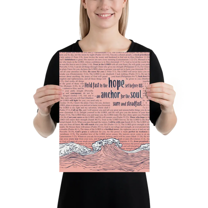 Person holding a poster with text and wave design on a white background