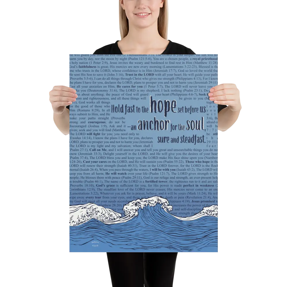 Person holding a blue poster with text and wave design