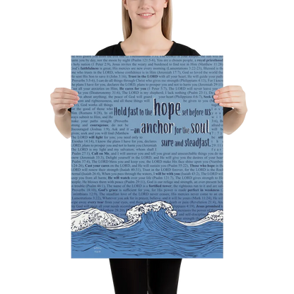 Person holding a blue poster with text and wave design