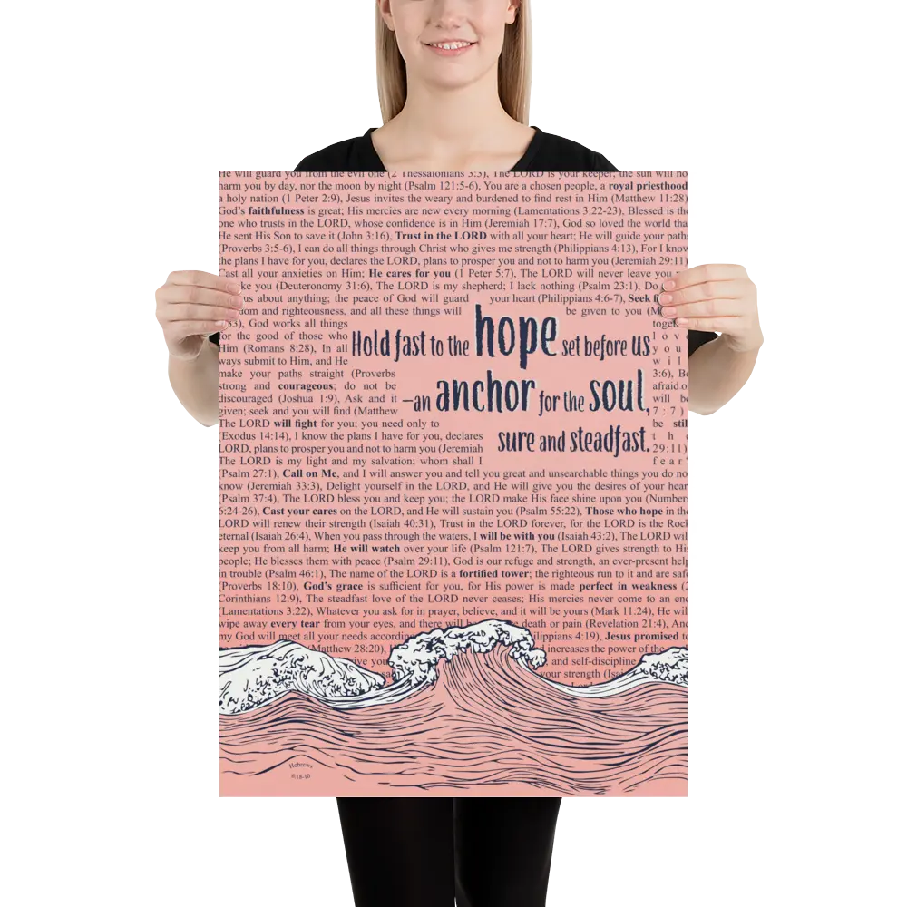 Person holding a large poster with text and wave design