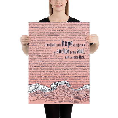 Person holding a large poster with text and wave design