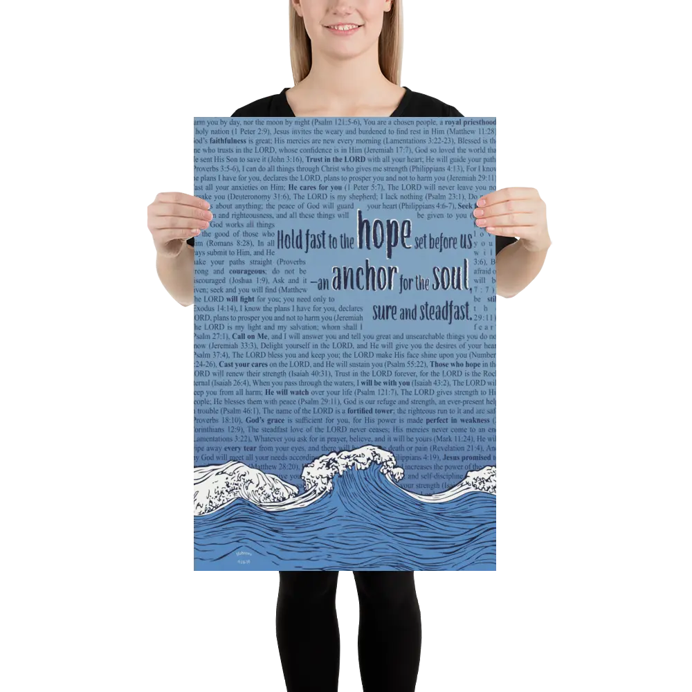 Person holding a large blue poster with text and wave design