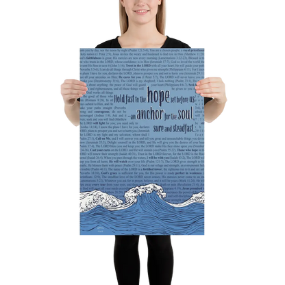 Person holding a large blue poster with text and wave design
