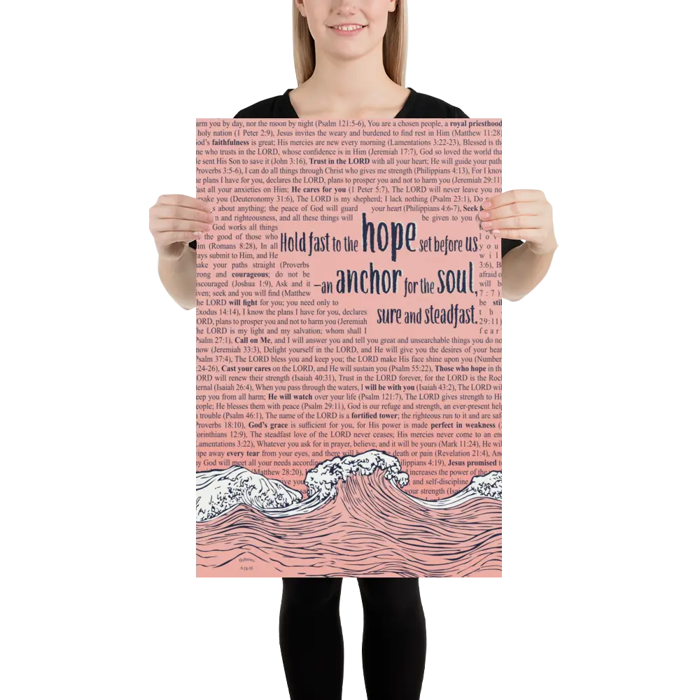 Person holding a large poster with text and wave design