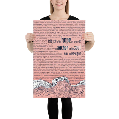 Person holding a large poster with text and wave design