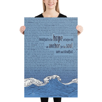 Person holding a large poster with text and wave design