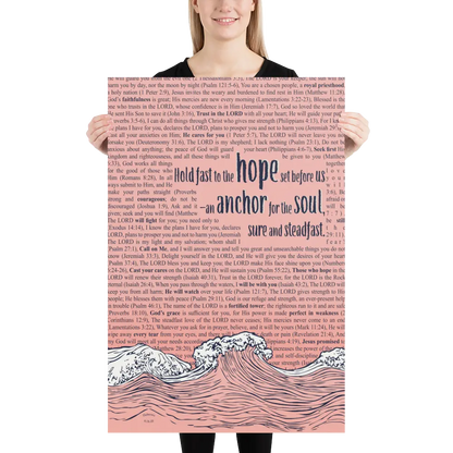 Person holding a large poster with religious text and wave design