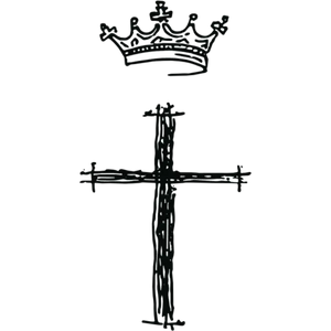 Black cross with a crown above it on a white background