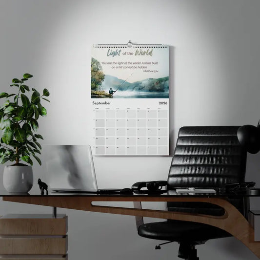 Calendar on a wall in an office setting with a plant and desk.