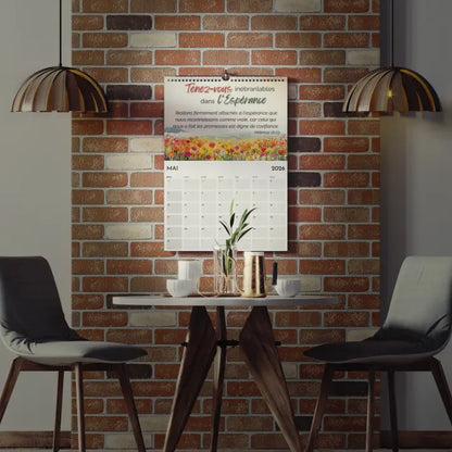 Dining area with a brick wall, table, chairs, and a calendar on the wall.