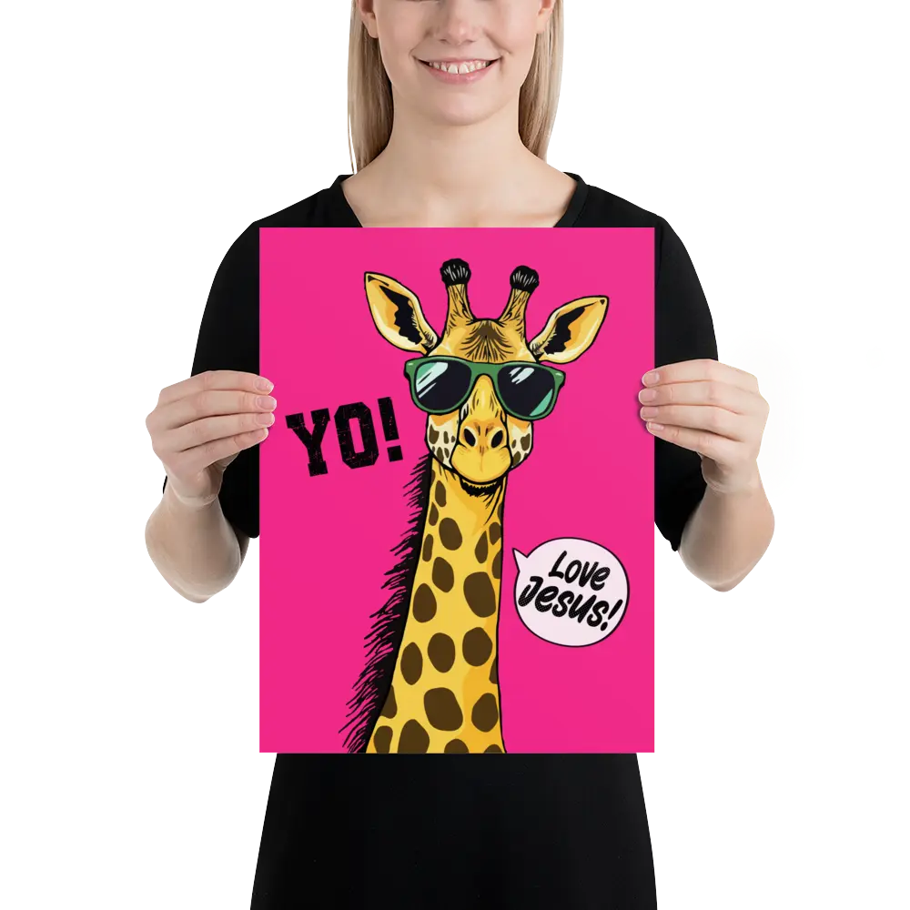 Person holding a pink poster with a giraffe wearing sunglasses and text on a white background