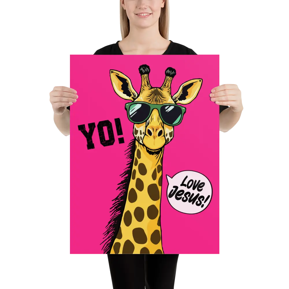 Person holding a pink poster with a giraffe wearing sunglasses and text on a white background
