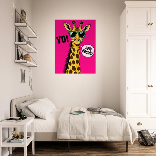 A colorful poster featuring a giraffe with sunglasses and a speech bubble that reads 'LOVE JESUS', set against a bold pink background displayed above a neatly made bed in a modern bedroom.
